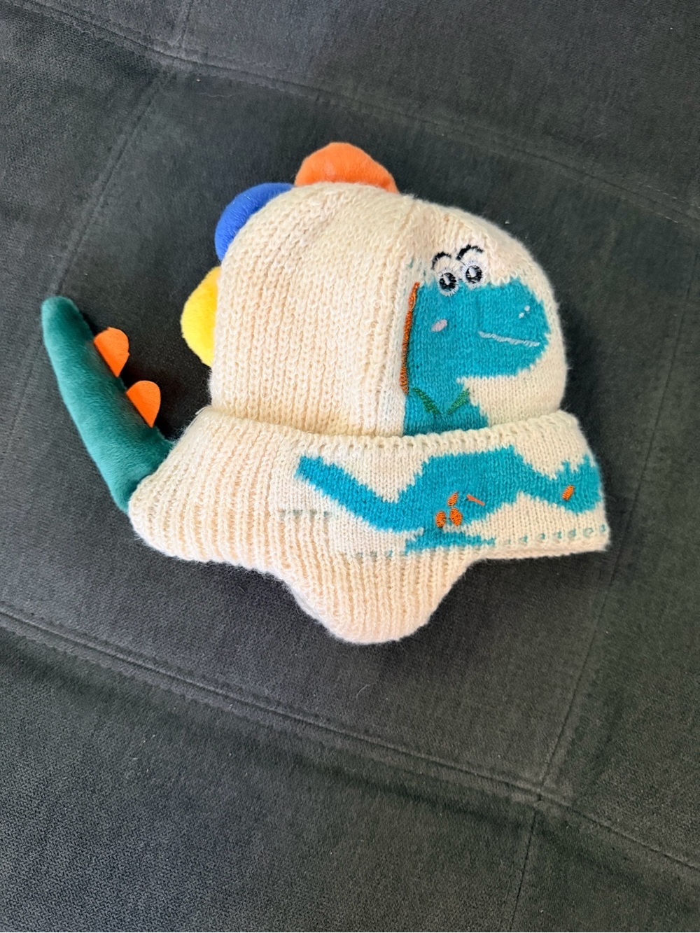 Cream Knit infant Dinosaur Hat with Blue Dino Accent